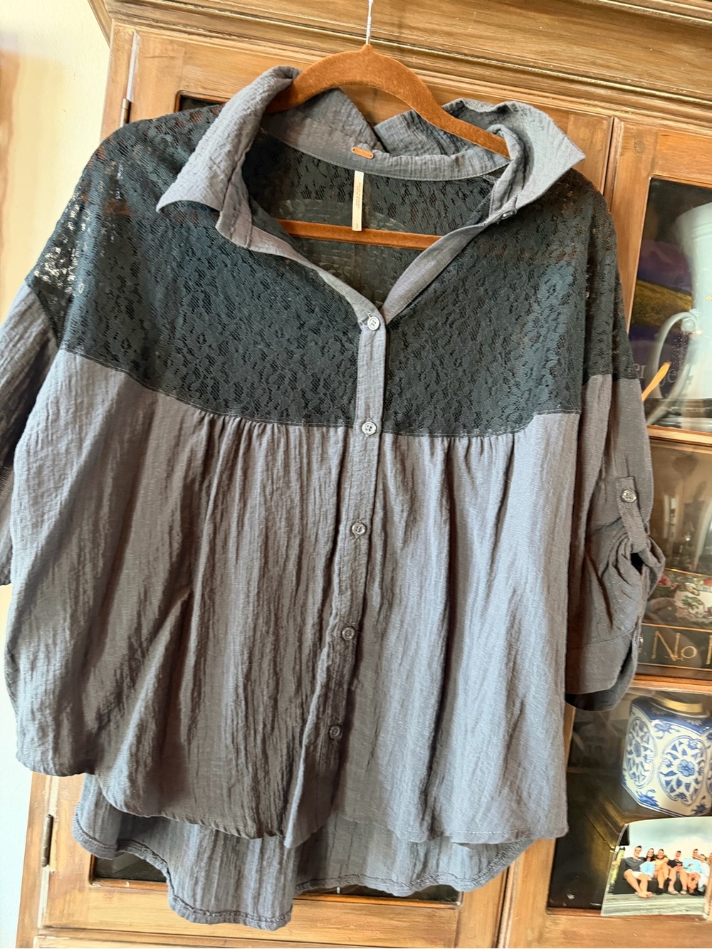 Free People Gray Button-Up Lace Yoke Shirt